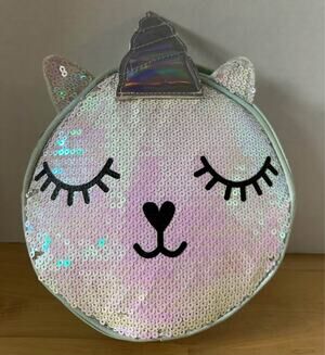 Pastel Rainbow Sequin Unicorn Round Lunch Box Mint Green Iridescent 8”